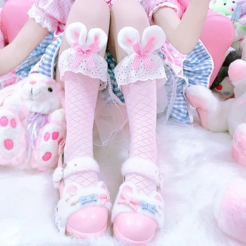 Japanese Lolita Solid Rabbit Ears Bowknot Strippy Lace Thermal Socks Women Christmas Gifts Kawai Trendy Cosplay Socks for Girls