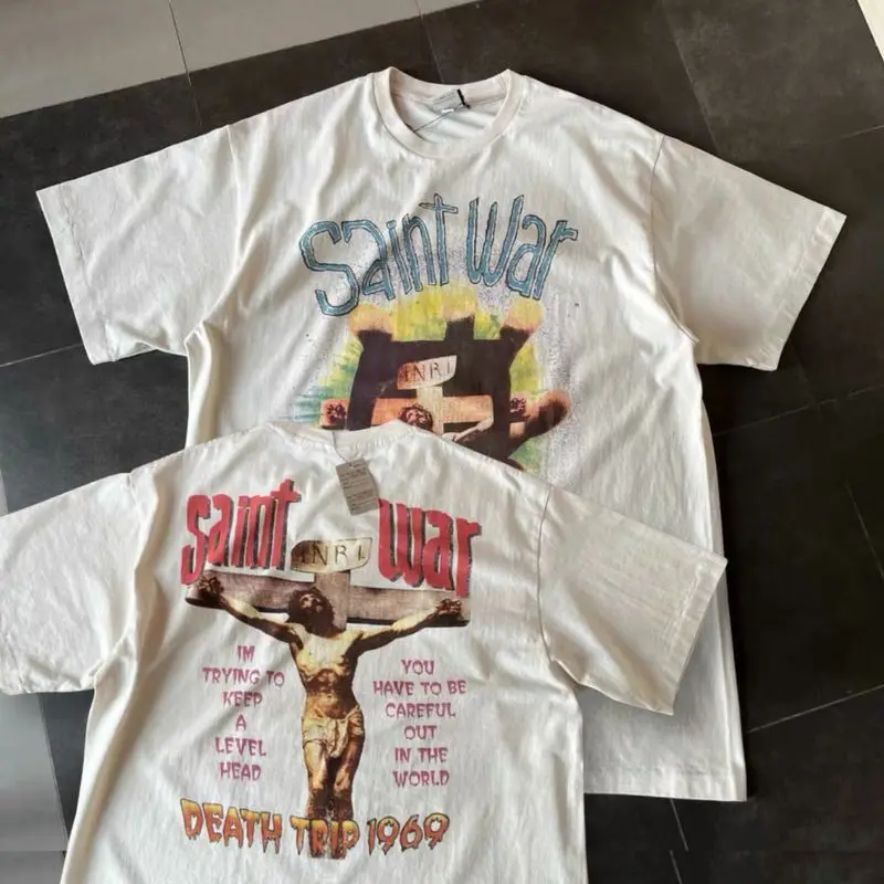 Vinatge White Street Outfit Casual Saint Tshirts Breathable Fabric Jesus Cross Retro Print Short Sleeve Men Women Loose Top Tees