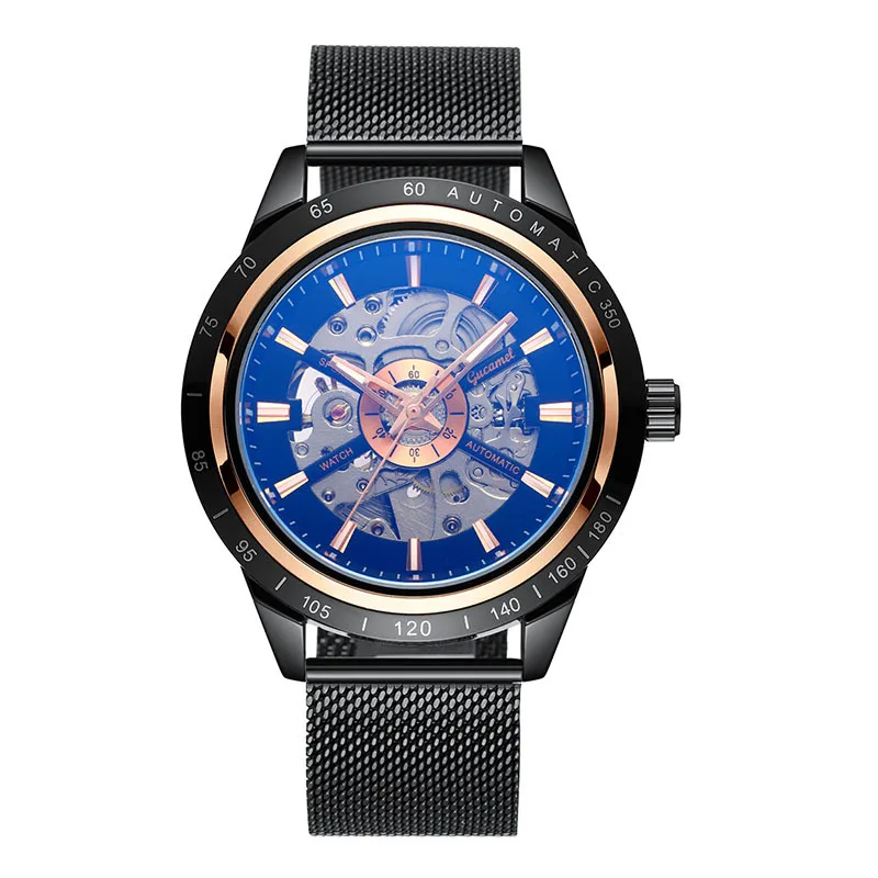 Men’s *Automatic Mechanical Watch Mesh Strap Skeleton Dial Luminous Transparent Case Luxury Wristwatch