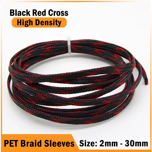 Mangas trenzadas de PET cruzadas en negro y rojo, 1/5/10/50m, 2/4/6/8/10/12/14/16/20/25/30mm, funda de envoltura de Cable de piel de serpiente aislada de alta densidad