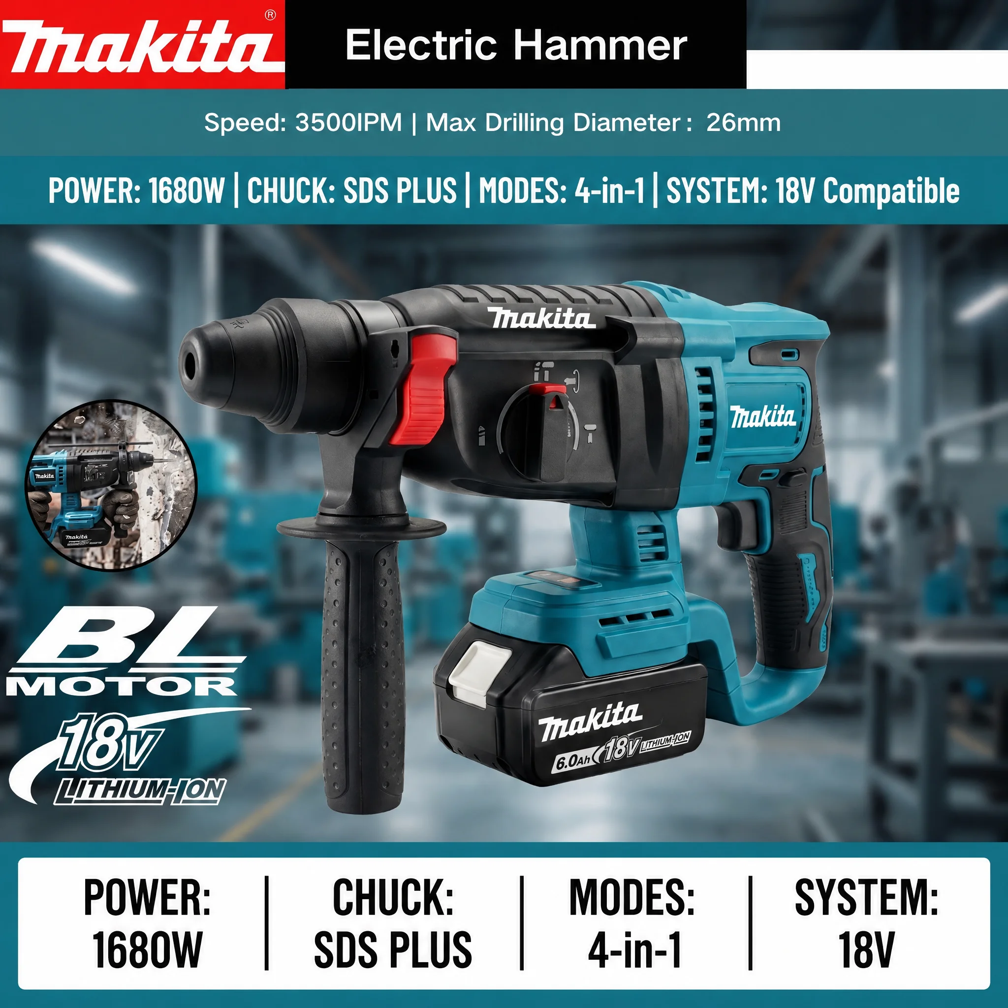 Makita 26MM Cordless Hammer Brushless Electric Hammer 18V Lithium Battery Wireless Drills Makita 18v Power Tools ﻿Original