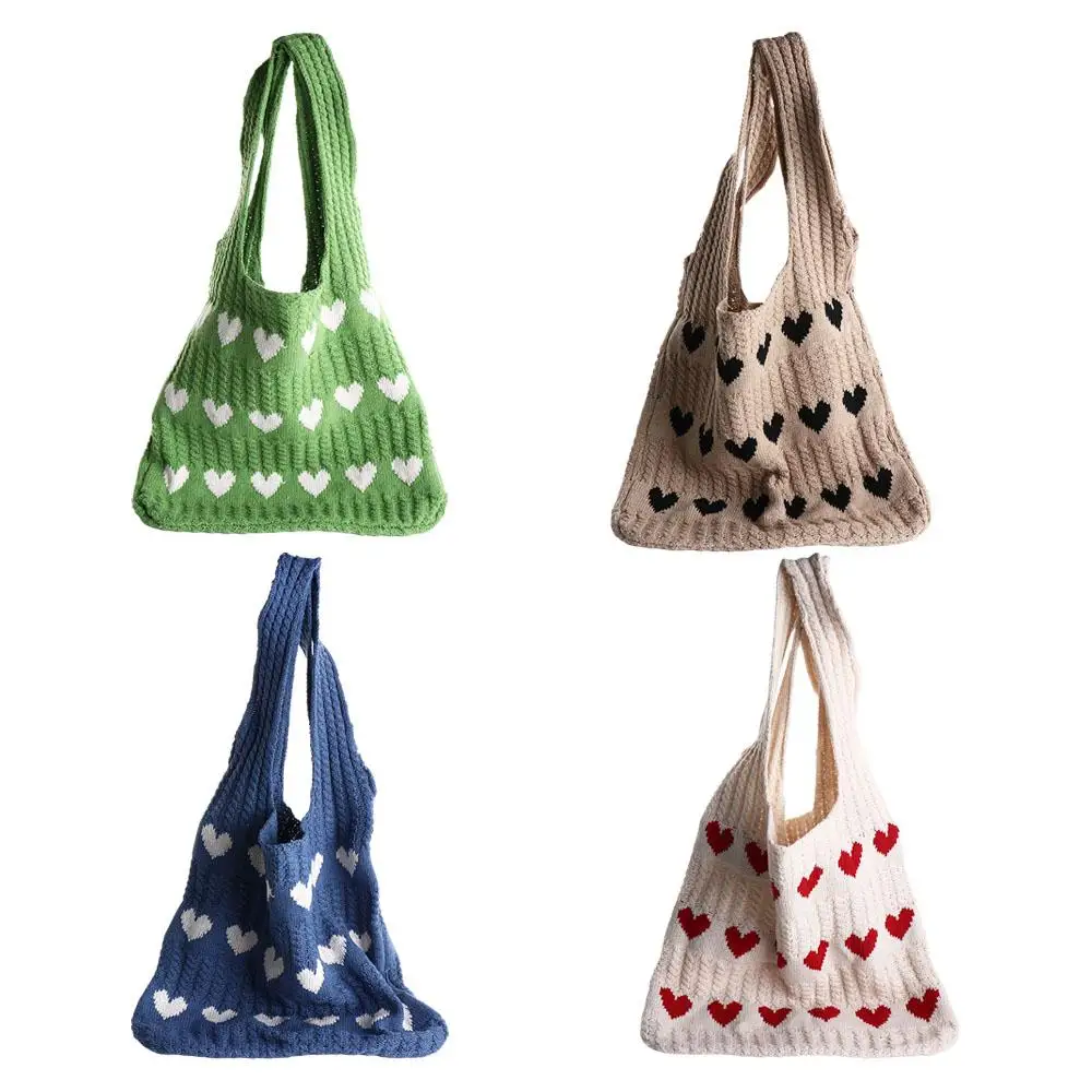 

Color Blocking Knitted Love Handbag Shopping Bag Large Capacity Crochet Tote Bag Storage Bag Underarm Bag Love Shoulder Bag