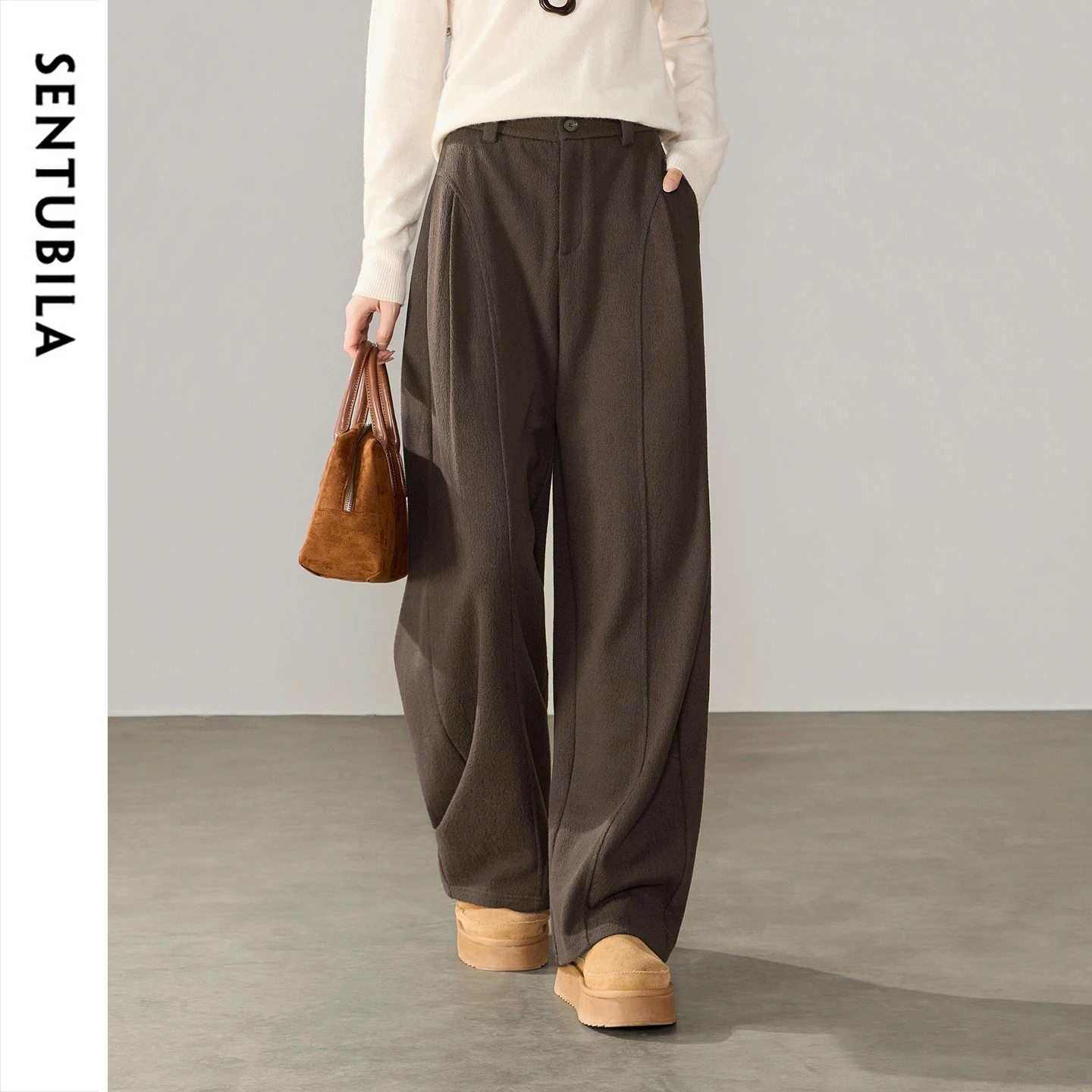 SENTUBILA Women's Silk Wool Blend Pant Winter High Waist Thick Warm Loose Trouser 2026 New Casual Office Sickle Pant 164KN8043