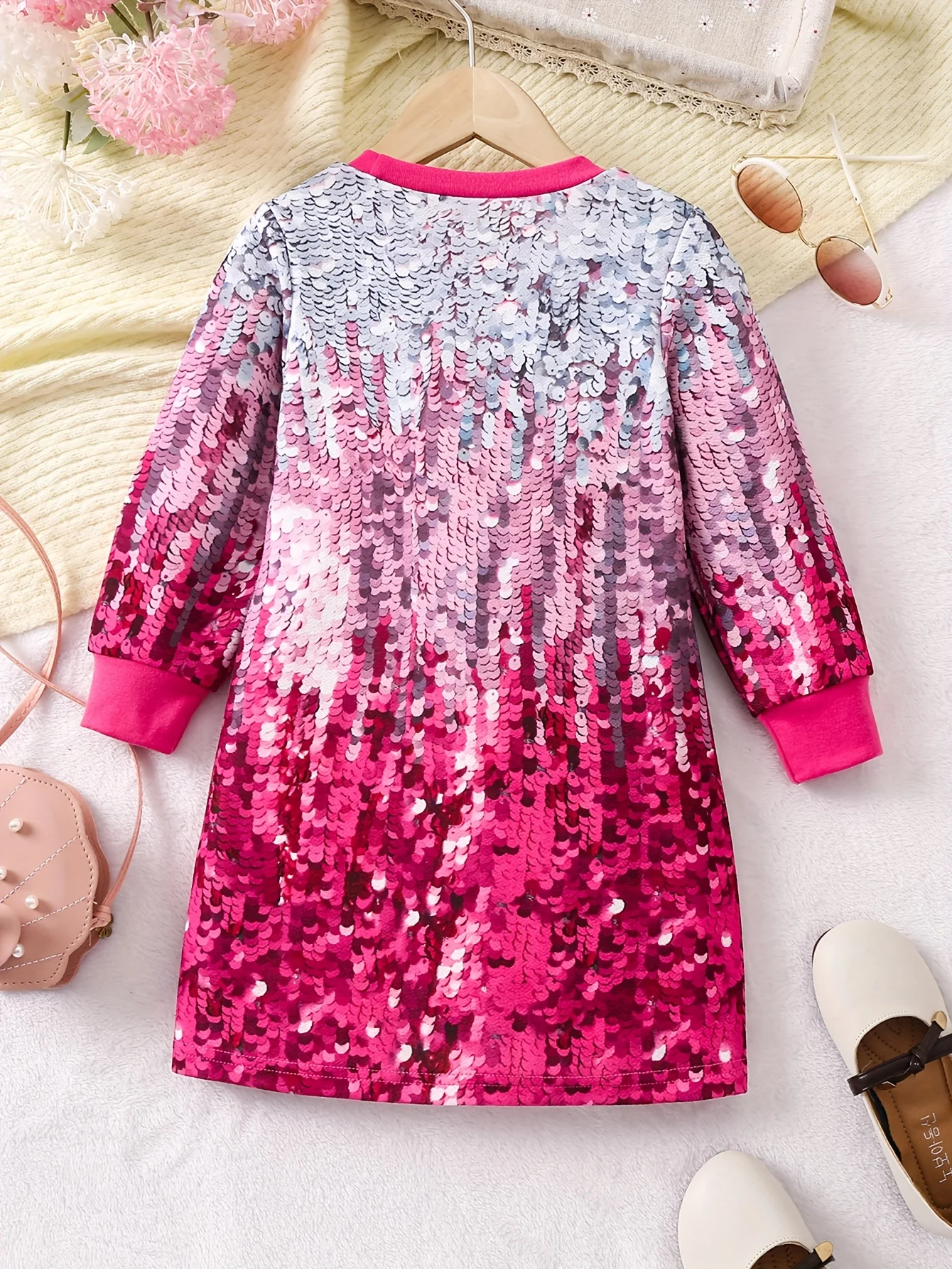 Girl child gradient sequins full printed long sleeve round neck a straight tube ant dress