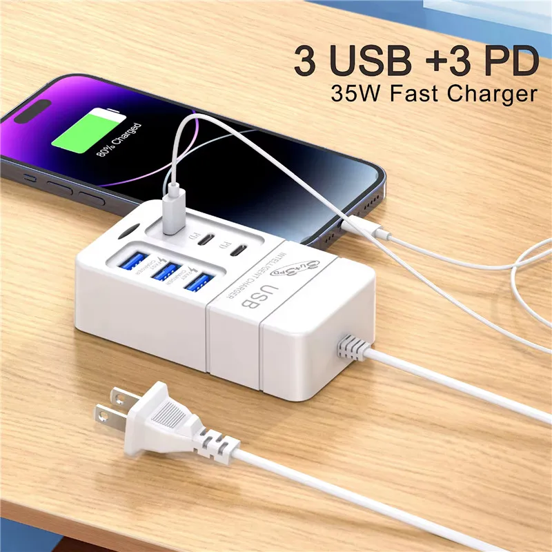 6 Ports 35W Fast Charging Charger 3 USB 3 Type C Desktop Multifunction Power Charger Adapter For Home Office School Travel Room