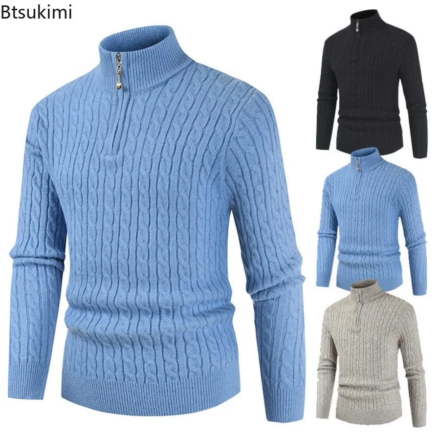 

Новые мужские теплые вязаные свитера со стоячим воротником на молнии, осенне-зимние теплые топы, однотонные жаккардовые пуловеры с длинными рукавами для мужчин