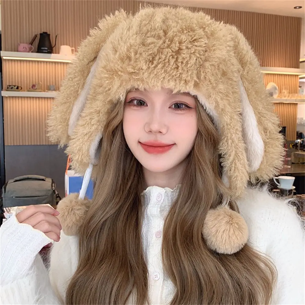 Thickened Warm Hat Plush Windproof Coldproof Ear Protection Hat Cute Rabbit Ear Solid Color Pullover Hat for Outdoor Riding