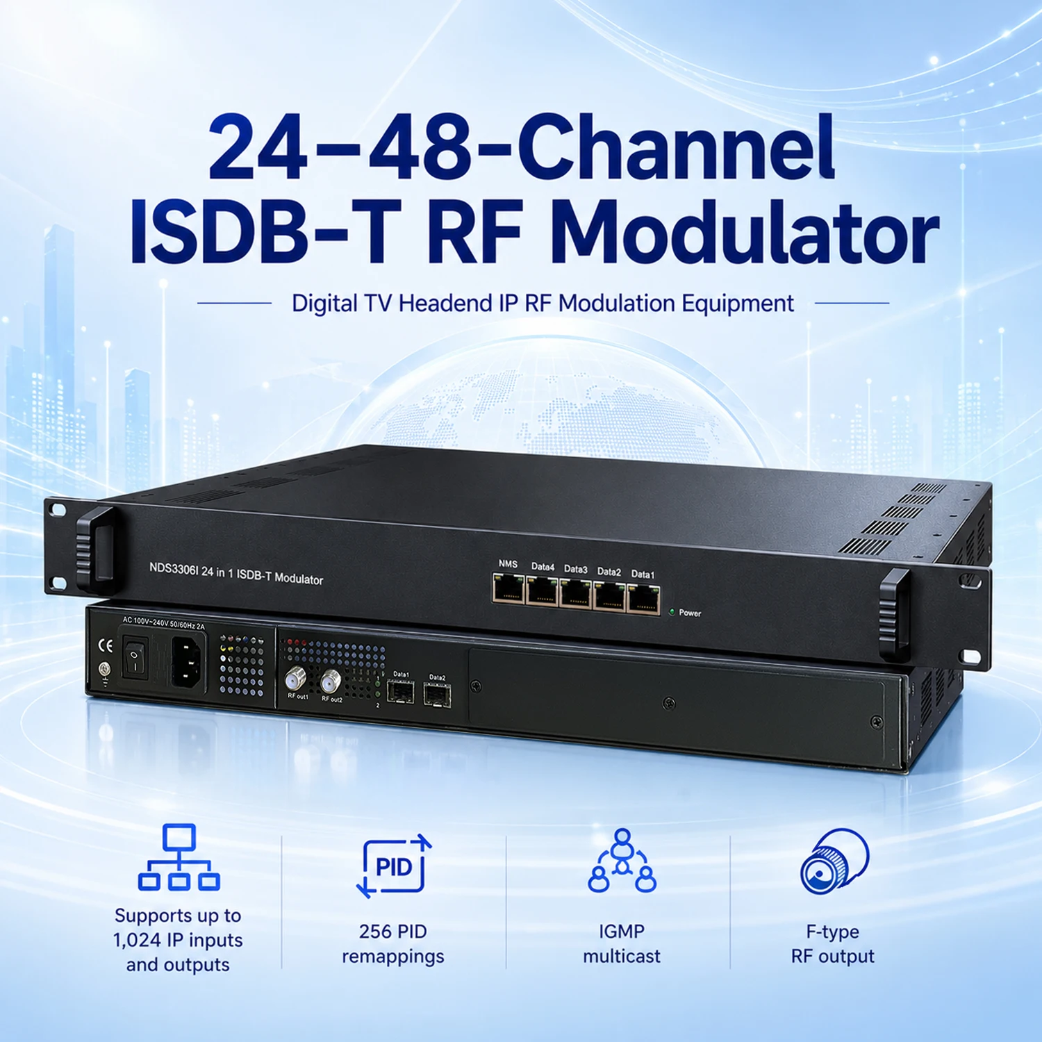 24/48‑Carrier ISDB‑T Modulator IP‑to‑RF Gigabit SFP PID‑Remapping PCR Correction Web‑Control CATV IPTV Headend Device
