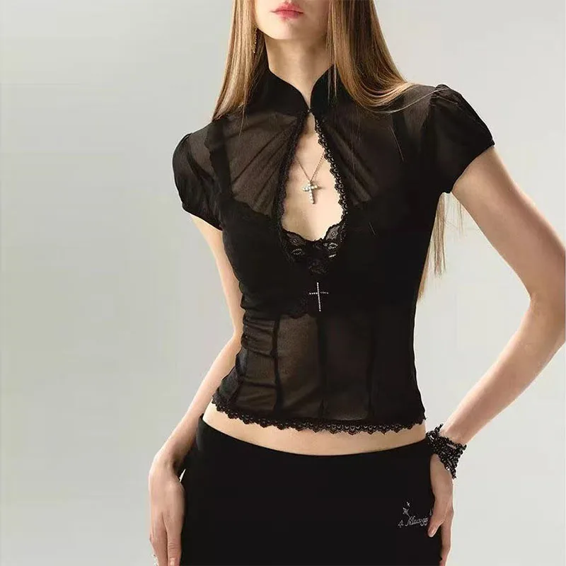 Vintage Sexy Lace-Trimmed Patchwork Mesh Tops Puff Sleeve Hollow Out Slim Sheer Cardigan T-Shirt 2K Summer Outfit Beach