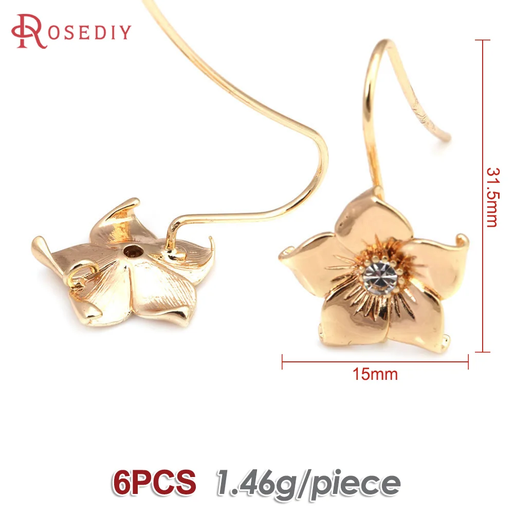 6PCS 18K Gold Color Brass and Zircon Flower Long Earrings Hooks High Quality Diy Jewelry Making Supplies Accessories for Women