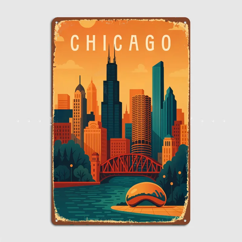 Chicago Travel Poster Metal Custom Sign Living Room Wall Indoor Decor Room Decoration Bedroom Posters Home Decor