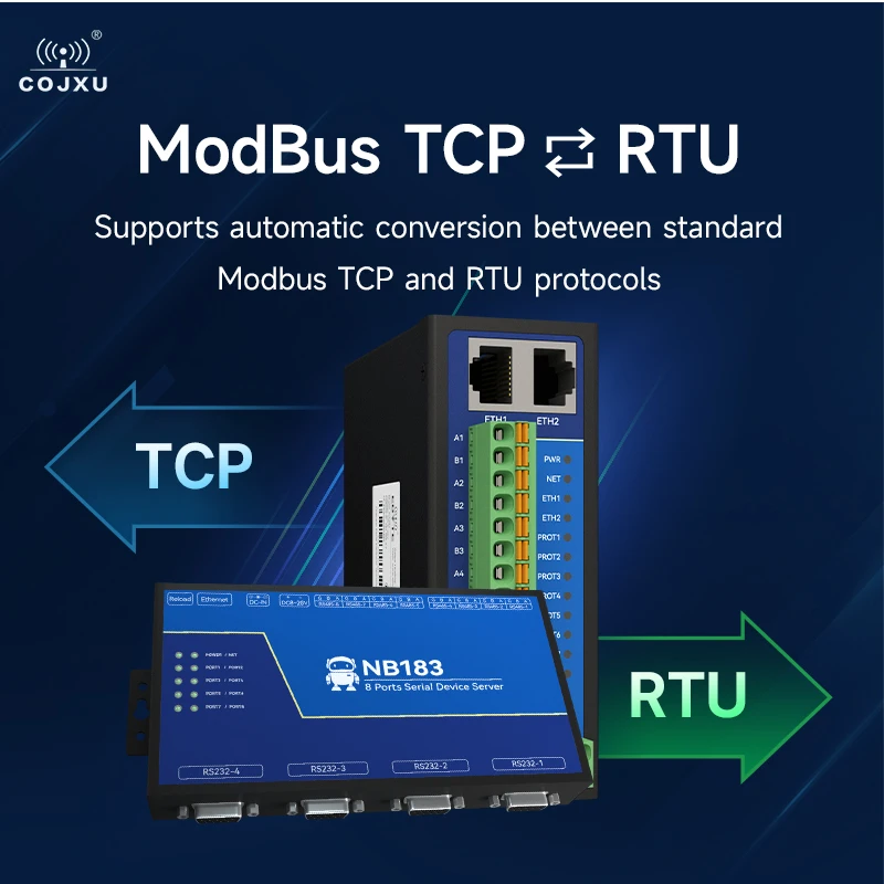 절연된 8채널 직렬 서버 RS485/232/422 - RJ45 COJXU NB183 시리즈 ModBus RTU - TCP 내장형 워치독 MQTT/HTTP IOT