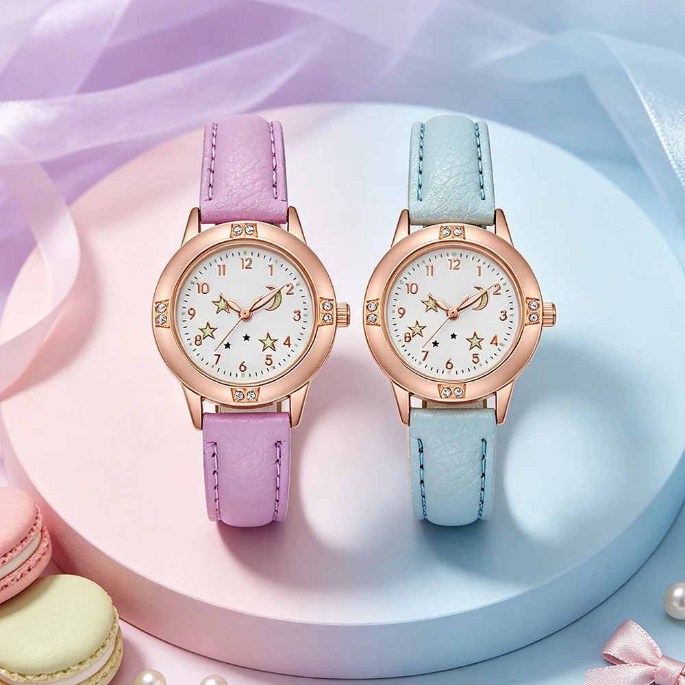 

New Star Moon Princess Kids Watches for Girls Strap Rose Gold Rhinestone Bezel Twin Matching Wrist Watch Boys Birthday Gift