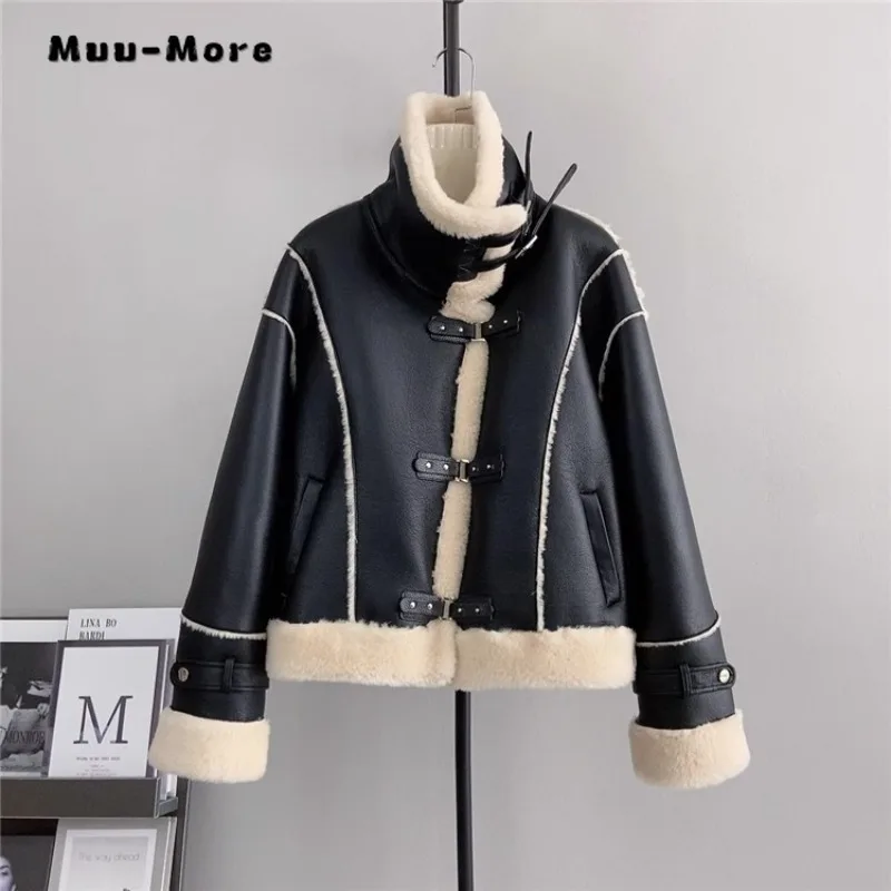 Women Casual Fashion Suede Motocycle Style Faux Leather Jacket 2023 Autumn Vintage Loose Long Sleeve Winter Black Faux Jacket