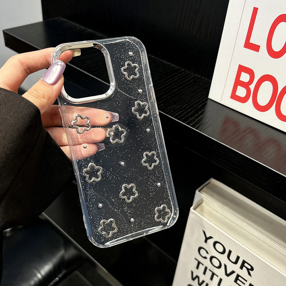 Роскошный чехол для телефона с блестками и серебряным цветком в форме сердца для iPhone 16, 15, 14, 13, 12 Pro Max Plus 11, милая прозрачная задняя крышка с цветочным принтом