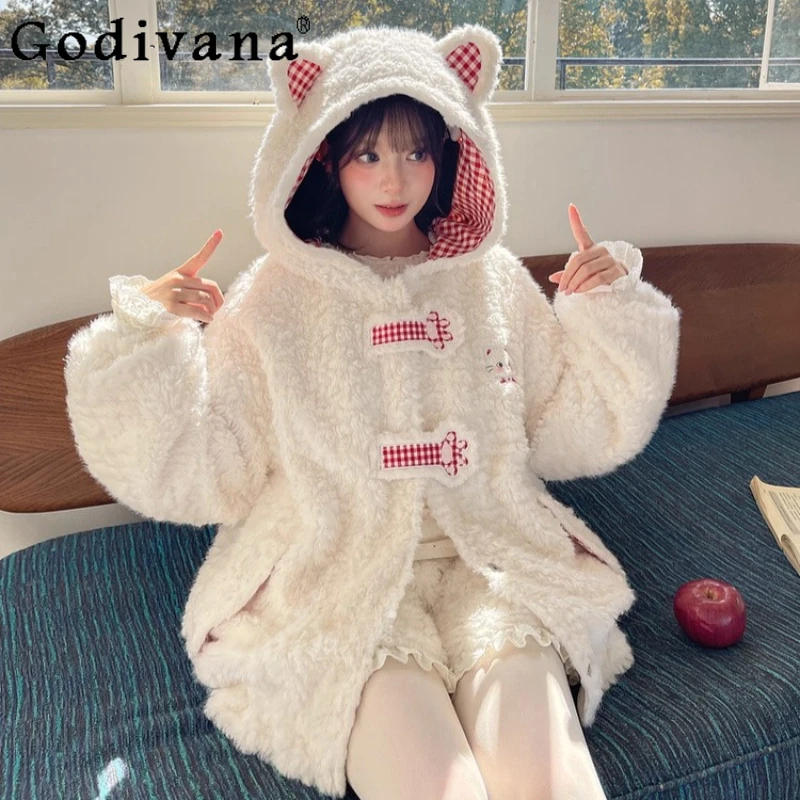 

Cute Cat Ear Hooded Fleece Sweatshirts Set Women Cat Embroidery Loose Sweatshirt and Short Suits Female Japanese Lolita Set
