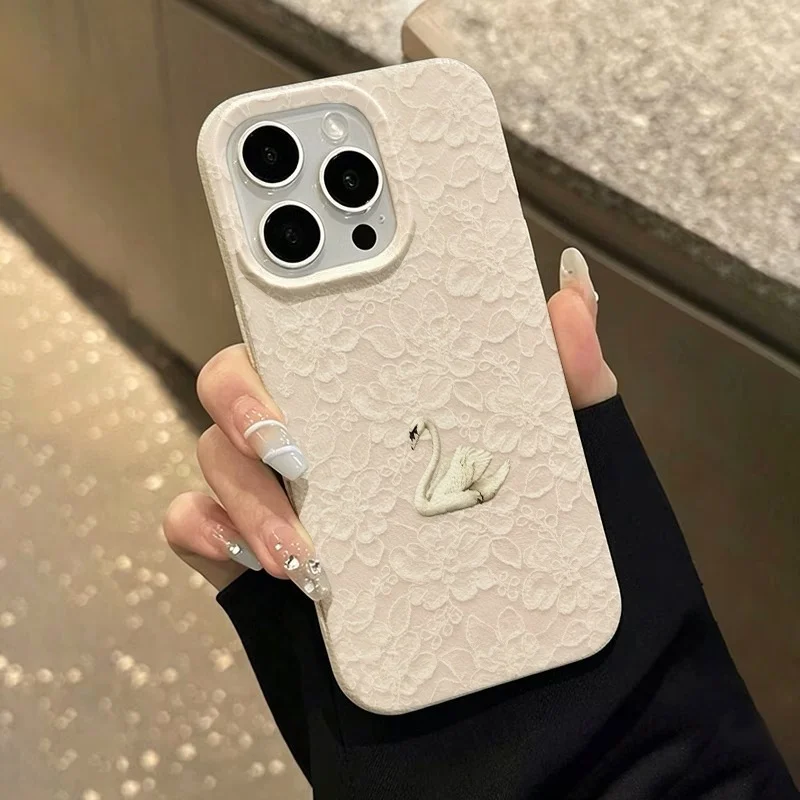 Lace Swan Pattern Lychee Texture Phone Case For iPhone 17 16 15 Pro 14 13 12 11 Pro Max 16 15 14 Plus 17 Air Silicone Soft Cover view 5
