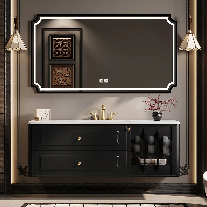 Factory Direct 2026 French retro rock slab hot bending integrated basin bathroom cabinet combination modern American washbasin w