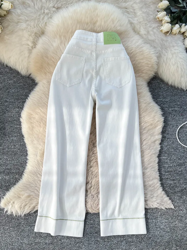 High Waist Wide Leg Straight Cut Jeans Women's Faion Korean Sle White Denim Pants Design Sensation Sewing Line Autumn New