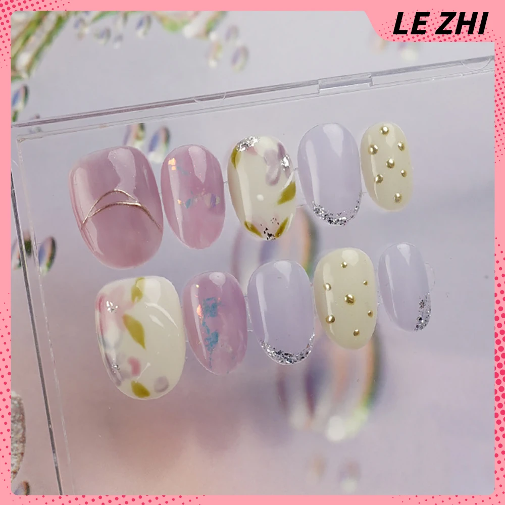 10Pcs Elegant Sparkling Cat Eye Design Fake Nail Tips Kawaii 3D Hand-Painted Flower Bowknot Short Square Handamde Press On Nails