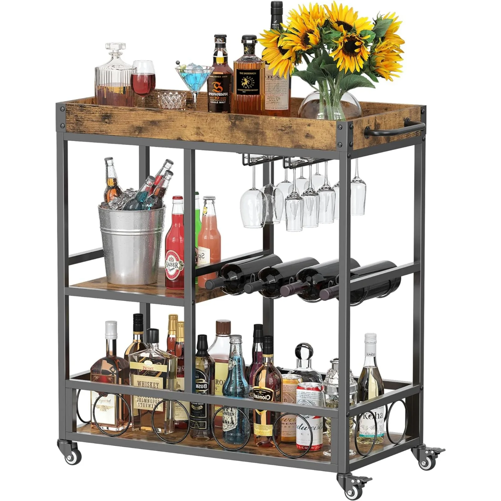 Bar Cart Home Bar Serving Cart with 3 Tiers, Rolling Bar Car with Large Storage Space & Lockable Wheels