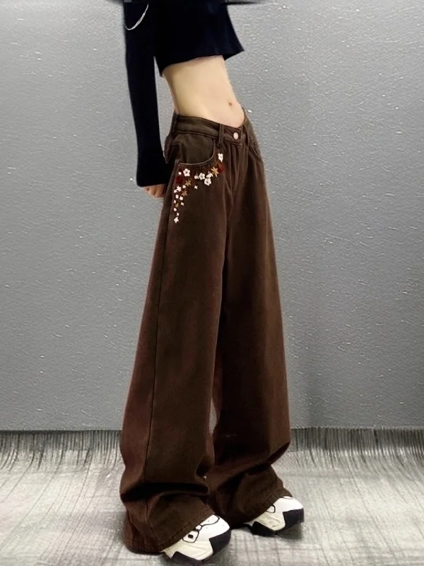 

Faionable Coffee Colored Embroidered Floral Straight Leg Wide Leg Jeans Women's High Waist Casual Sle Spring Season