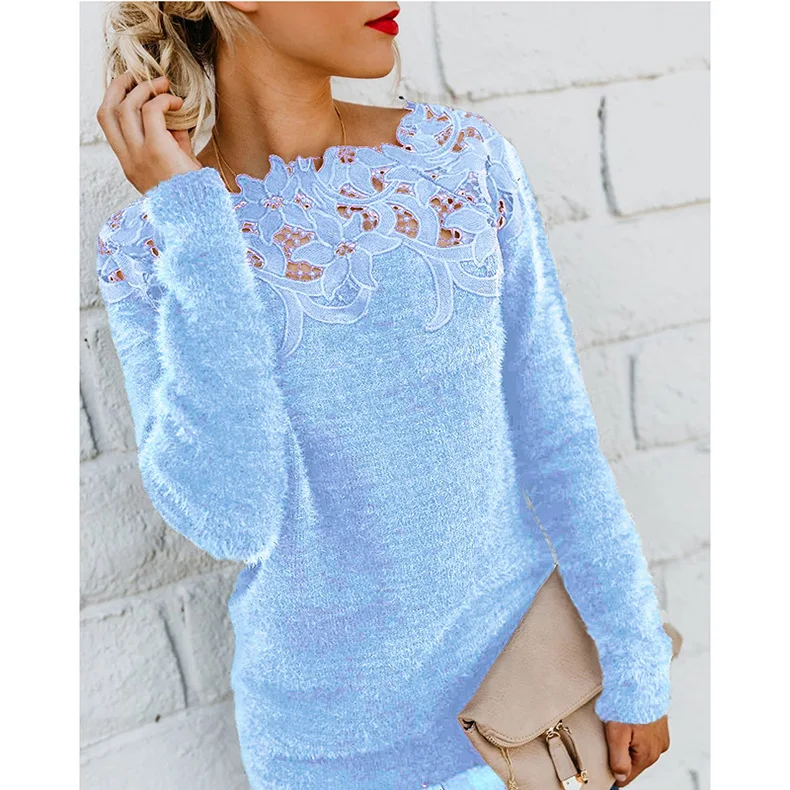 

2025 Winter Women's Plush Top Lace Spliced Long Sleeve Warm Sweater Fashion Simple Pullover for Female