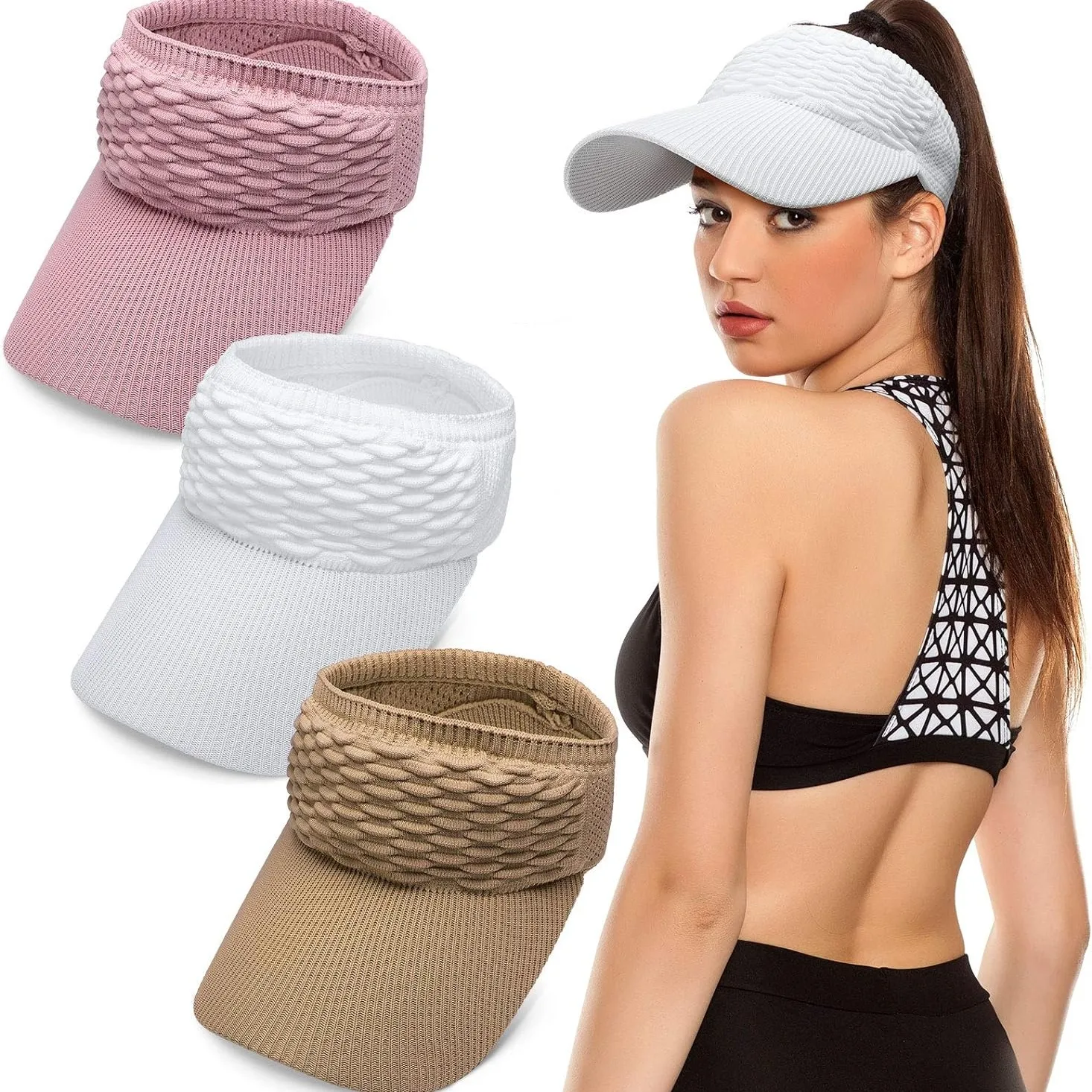 

Women Sports Knitted Hats Empty Top Ponytail Quick Drying Wide Brim Golf Hat Wide Brim Sunscreen Hat Elastic Sun Visor Cap