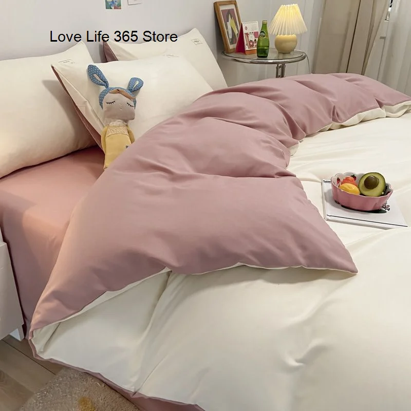 Ins-juego de cama de dos caras para niños y niñas, ropa de cama de Color liso, tamaño doble, Sábana plana, funda de edredón, funda de almohada, textiles para el hogar
