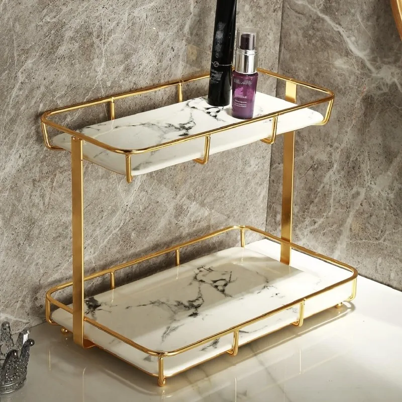 Storage rack countertop perfume storage rack dressing table stainless steel gold shelf white marble ceramic tray (L gold)