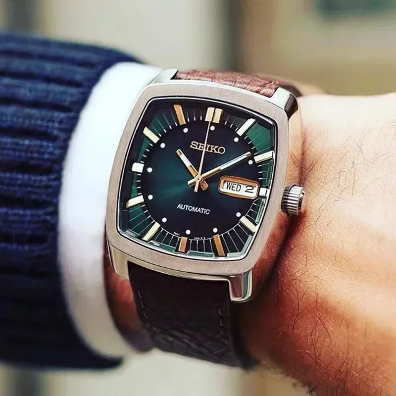 الأصلي Seiko التلقائية الميكانيكية ووتش الرجال عارضة الأزياء صحيح ووتش عالية الجودة برميل النبيذ ووتش حزام الرجعية لوحة خضراء