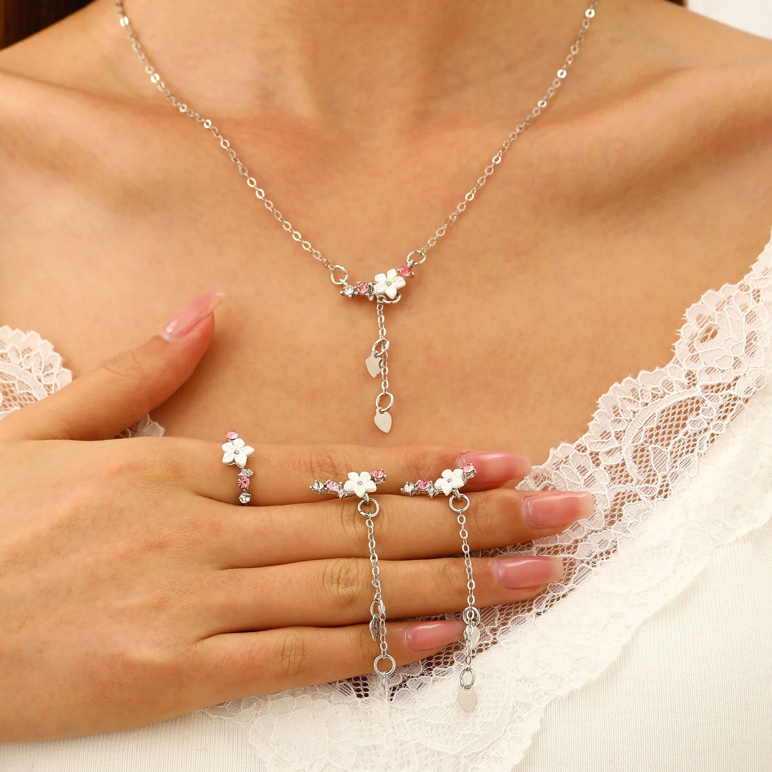 Jewelry Sets Sweet Romantic Cherry Blossom Necklace Earrings Ring Set 2026 Trending New Luxury Necklace Spring Summer Earrings