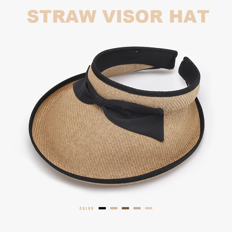 Women's Bow Decor Empty Top Sun Hat Straw Hat Summer UV Protection Visor Cap for Beach Travel