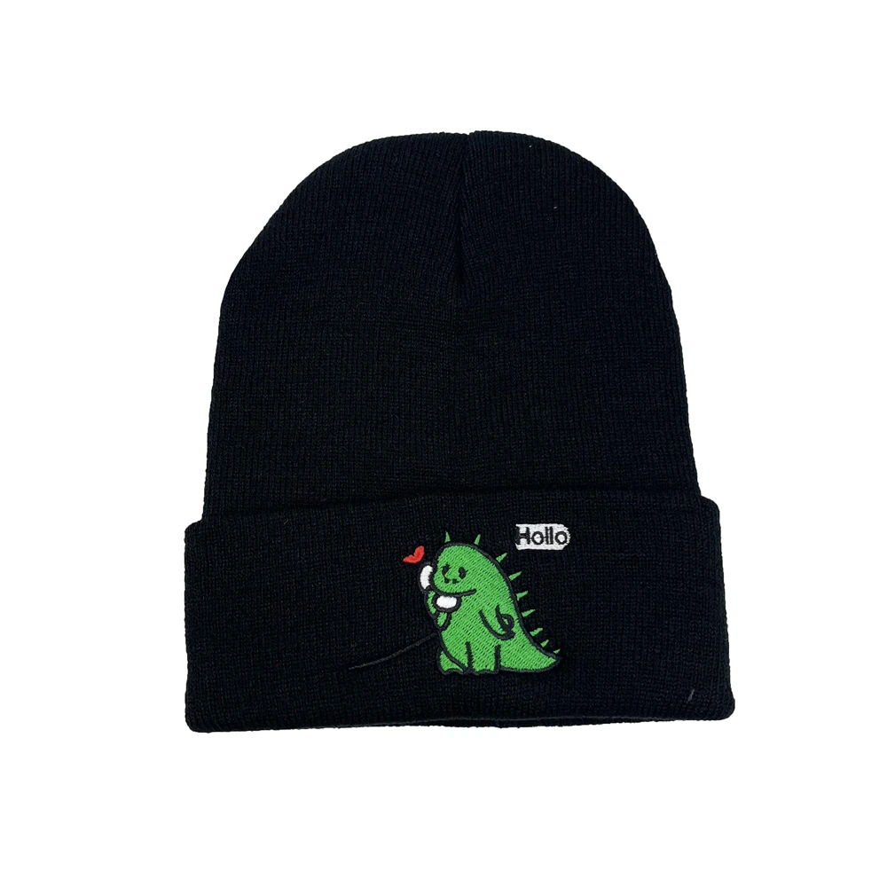 Autunno inverno Outdoor Cartoon dinosauri Hi Hello ricamo cappello lavorato a maglia uomo donna berretto Hip-Hop coppie divertenti cappelli Beanie