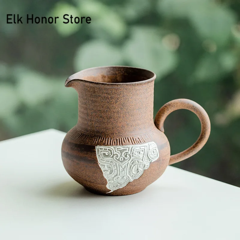 220ml Handmade Rough Pottery Tea Pitcher Taotie Silver Design Sharing Pot Tea-separating Cha Hai Justice Cup Cafes Accessories