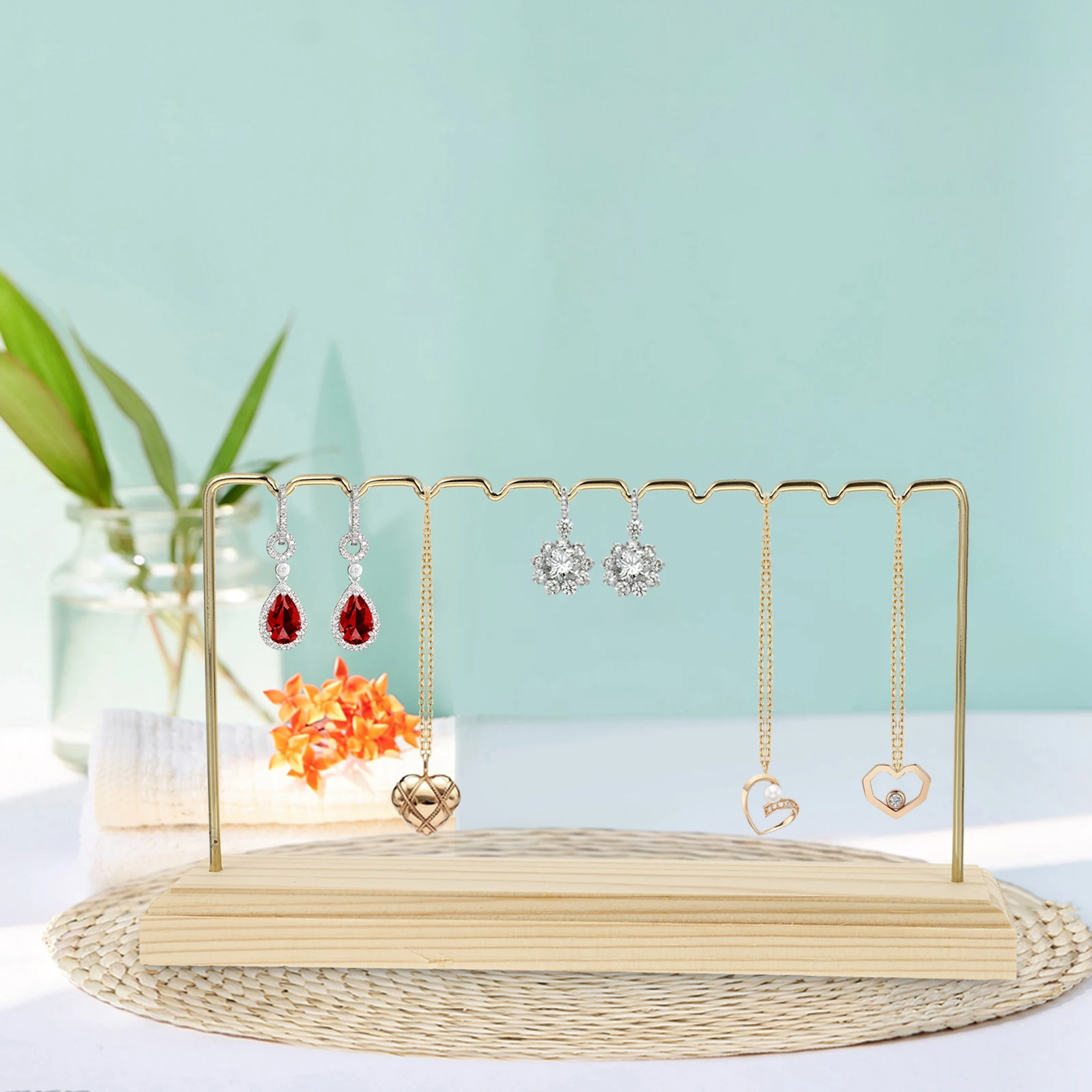 

Golden Wooden Earring Display Stand Holder Sturdy Base Jewelry ganizer Smooth Modern Design Table Bedside Storage Rack