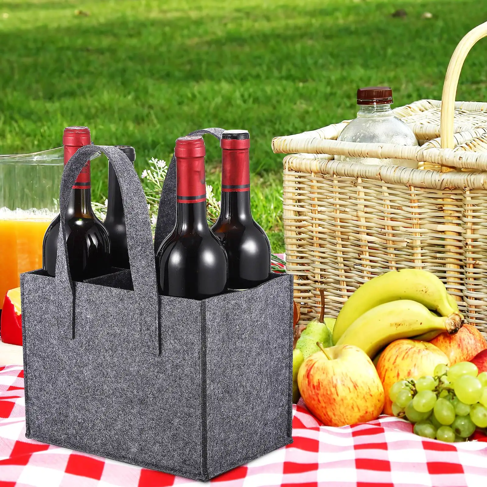 

4 Pcs Felt Bag Gift Tote Foldable Bottle Carrier 6 Bottles Gray 24x16x16cm Travel Storage Reusable Handbag Shopping Tote