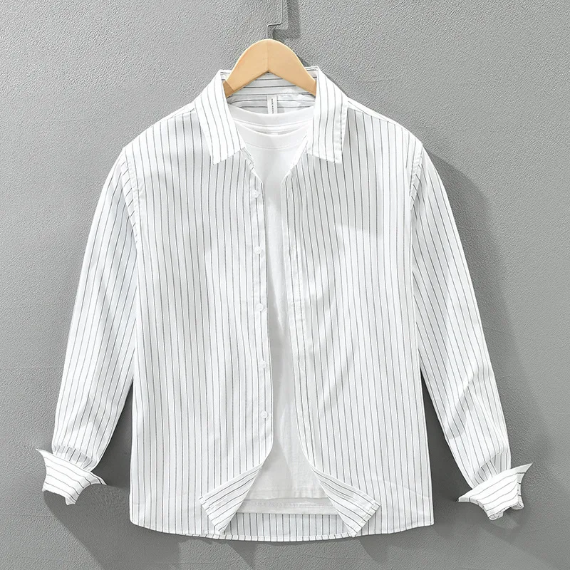 

2025 Autumn Japanese-style Striped Fresh Long-sleeve Shirt for Men 100% Cotton Fashionable Versatile Literary Casual Loose Top