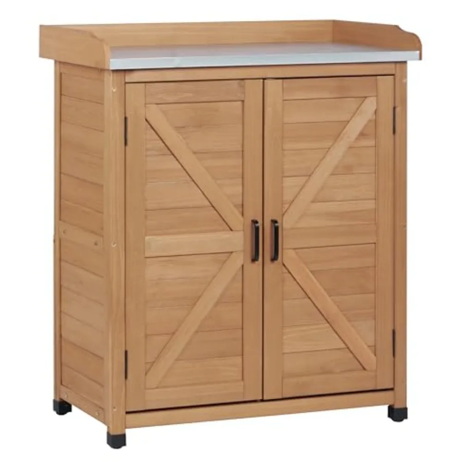 Outdoor Potting Bench with Storage Cabinet and Metal Top, Wood Workstation for Outdoor Patio, Garden,x39''