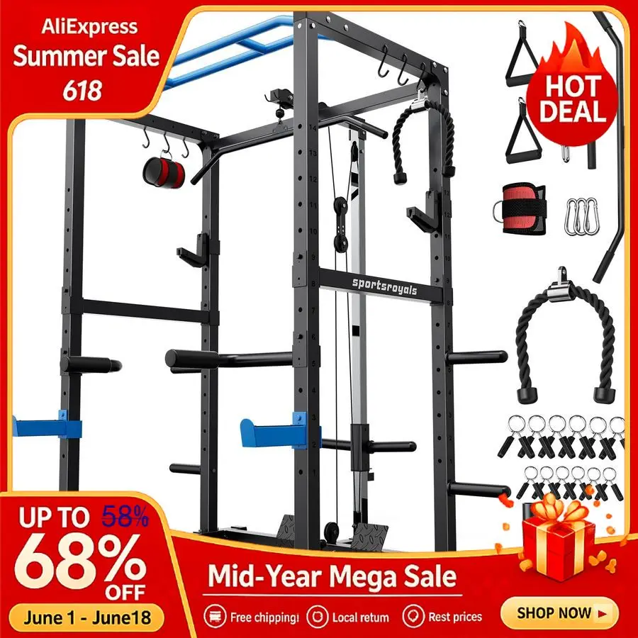 Squat Rack, LAT Power Cage, Power Rack MultiFunction with Pulley System and Training Attachments for Home Gym