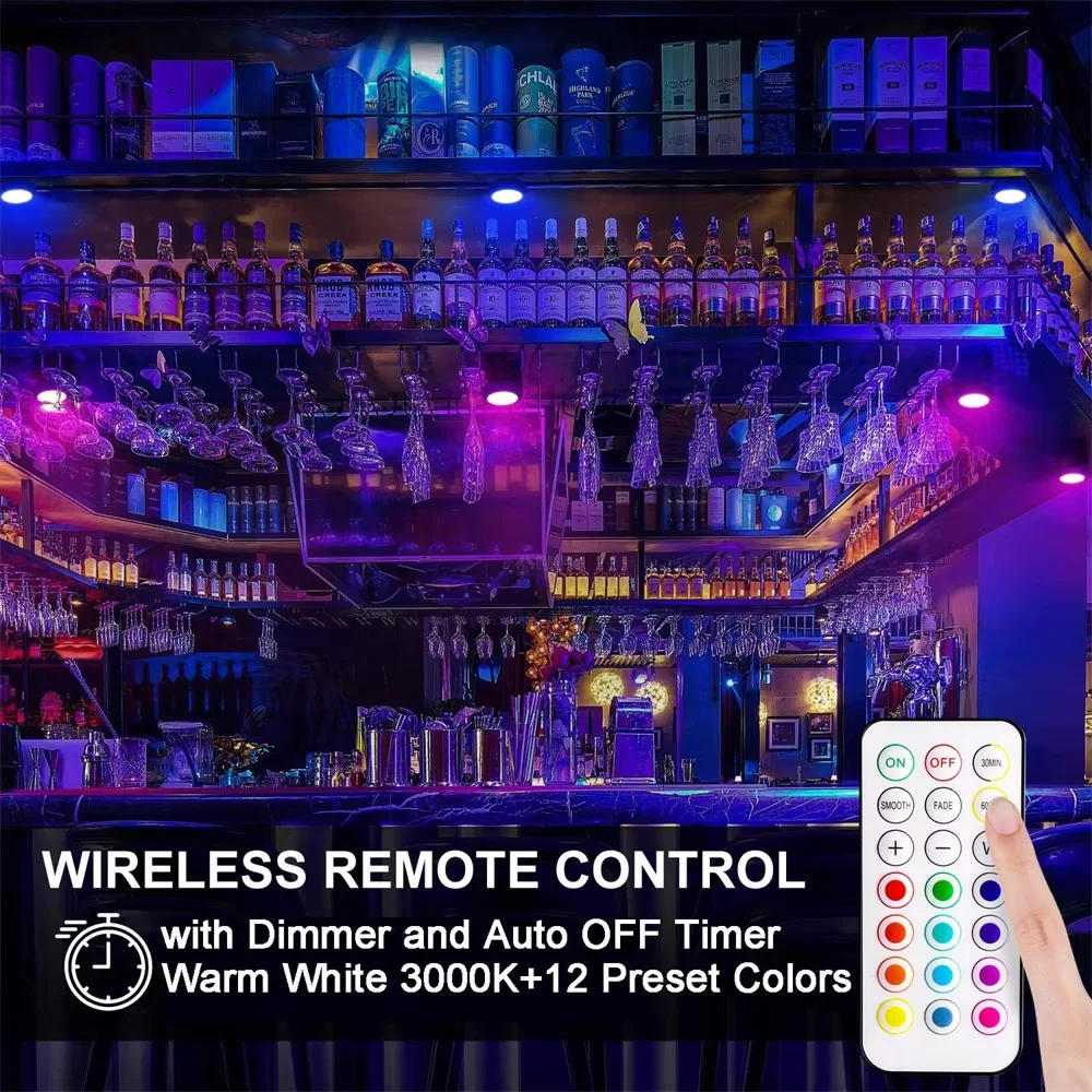 RGBW LED Puck Night Lights Remote Control Dimmable Under Cabinet Light Battery Operated Wireless Push Lamp Kitchen Closet