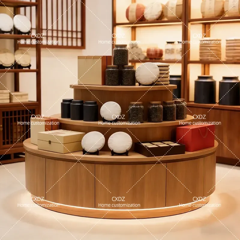 Customized round middle island table display table cylindrical display cabinet product display cabinet with lamp table tea