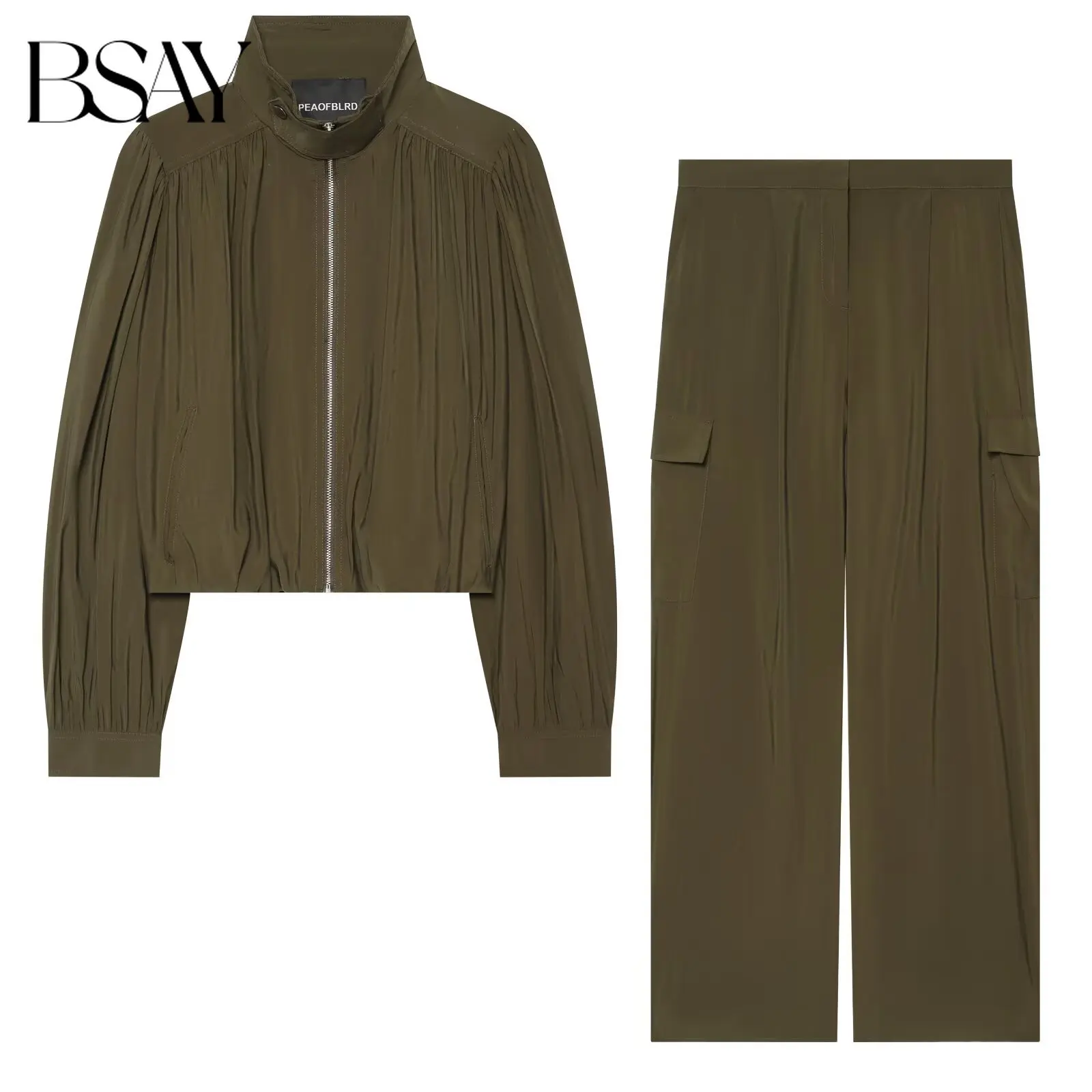 BSAY Streetwear Women Crinkle Textured Two Piece Set Zip Bubble Cropped Jacket High Waist Cargo Straight Leg Pants Casual Outfit
