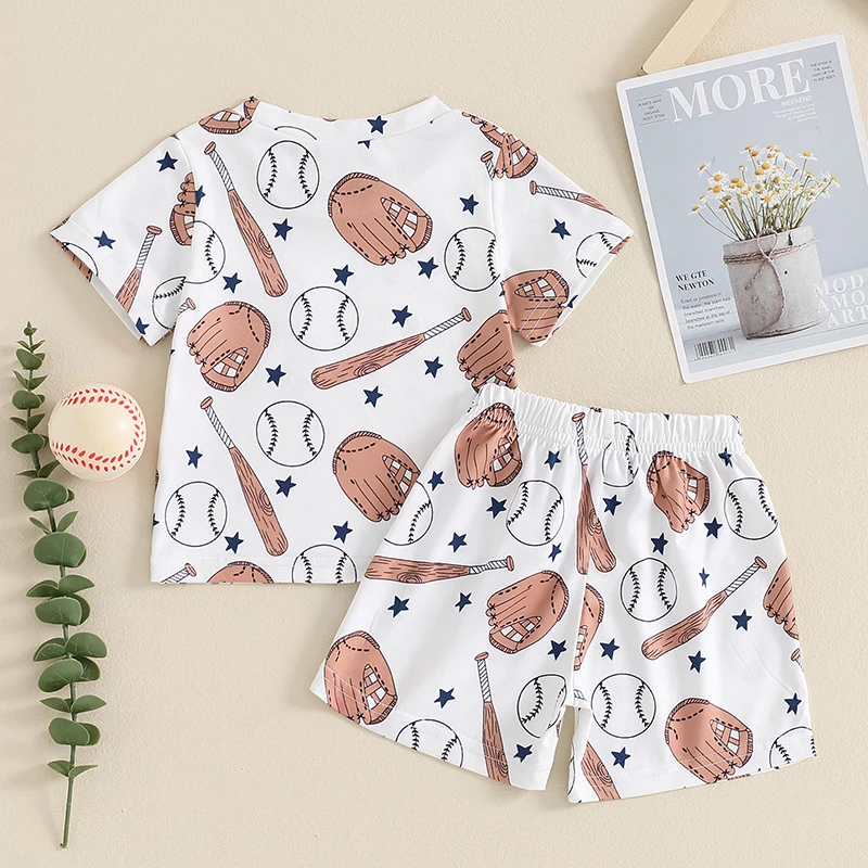 

KMBANGI Toddler Baby Boy Summer Outfits Baseball Print Short Sleeve Crew Neck Sweatshirt Elastic Waist Shorts 2PCS Set