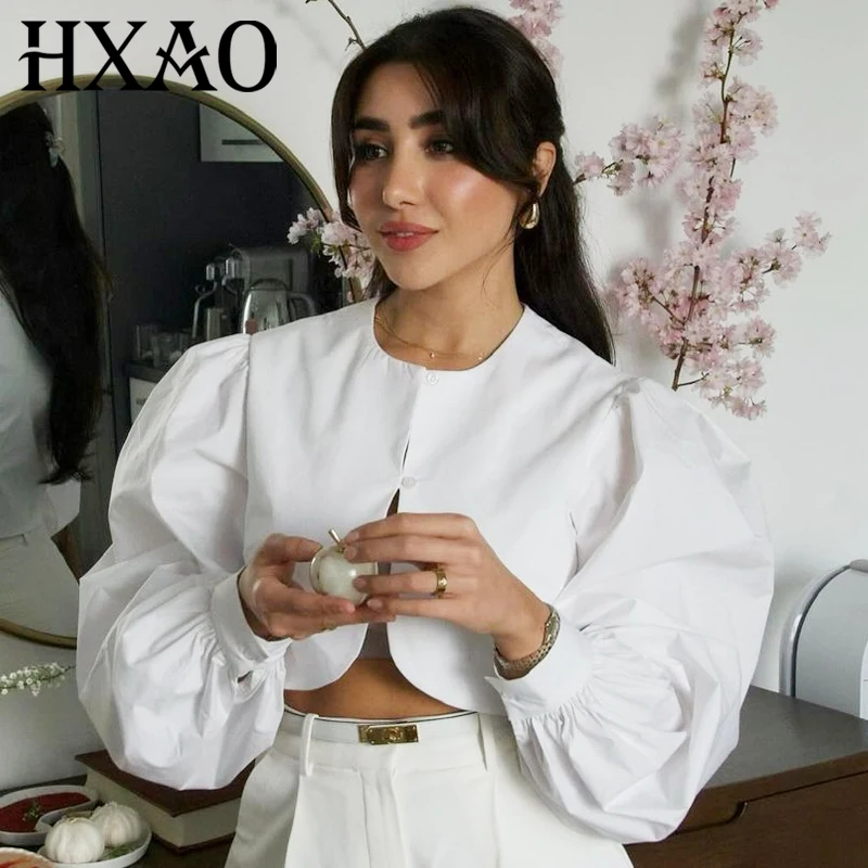 

HXAO Укороченная белая рубашка Женская рубашка Осень 2025 Рубашки и блузки Пуф на пуговицах с длинным рукавом Большой размер Топ Шикарная блузка в корейском стиле