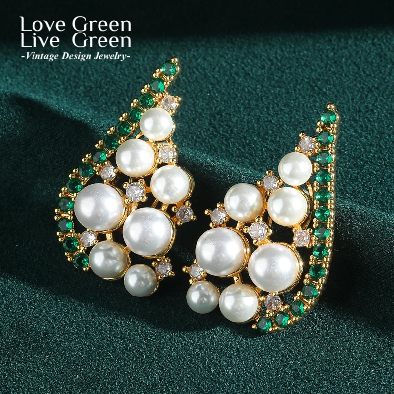 

Vintage Pearl Stud Earrings Big Jewelry Green Zircon Rhinestones Crystal Wedding Luxury Quality Dubai Women Accessories 2025