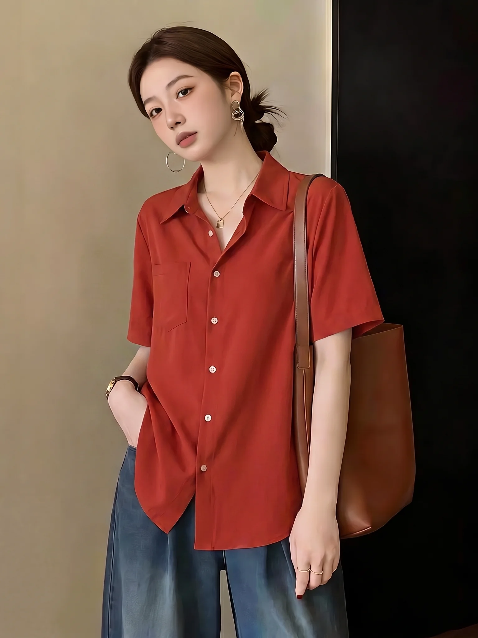 

Red Short Sleeve Shirt Jacket Women's plus Size Summer New Style Slimming Streetwear Korean Version Commute Style Casual Shirt