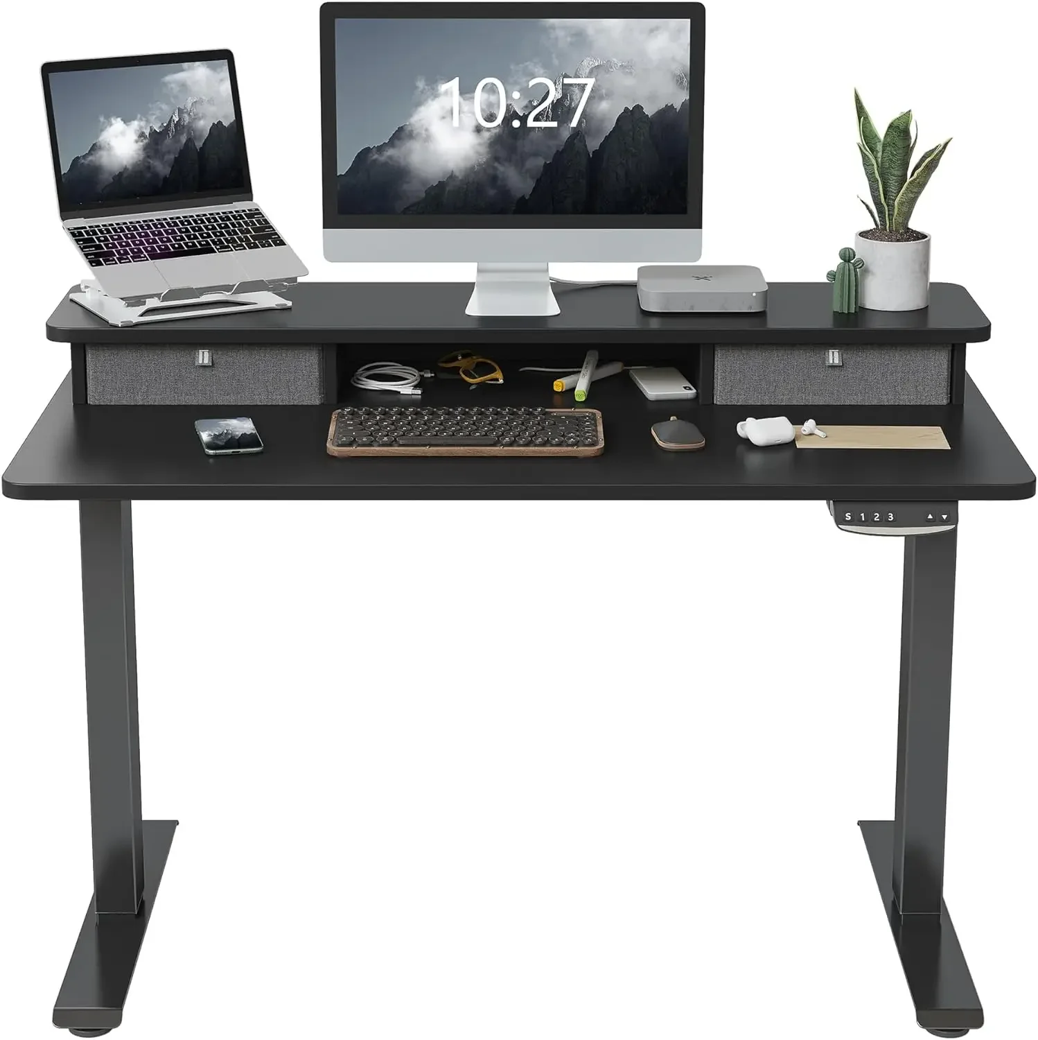 FEZIBO 40 x 24 Inch Height Adjustable Electric Standing Desk with Double Drawer, Stand Up Desk with Storage Shelf,Sit Stand Desk