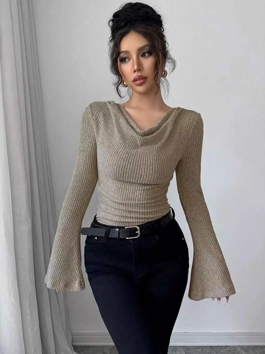 Women's Long Sve Striped Base irt European Sle Slim Fit Knitted Polyester Fiber Skin-friendly Breathable Casual Top