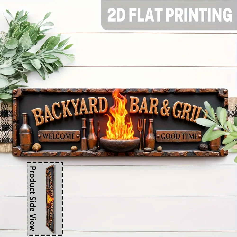 HD Tin Sign, Backyard Bar & Grill Vintage Metal Wall Art, Retro Rustic Patio BBQ Decor Sign